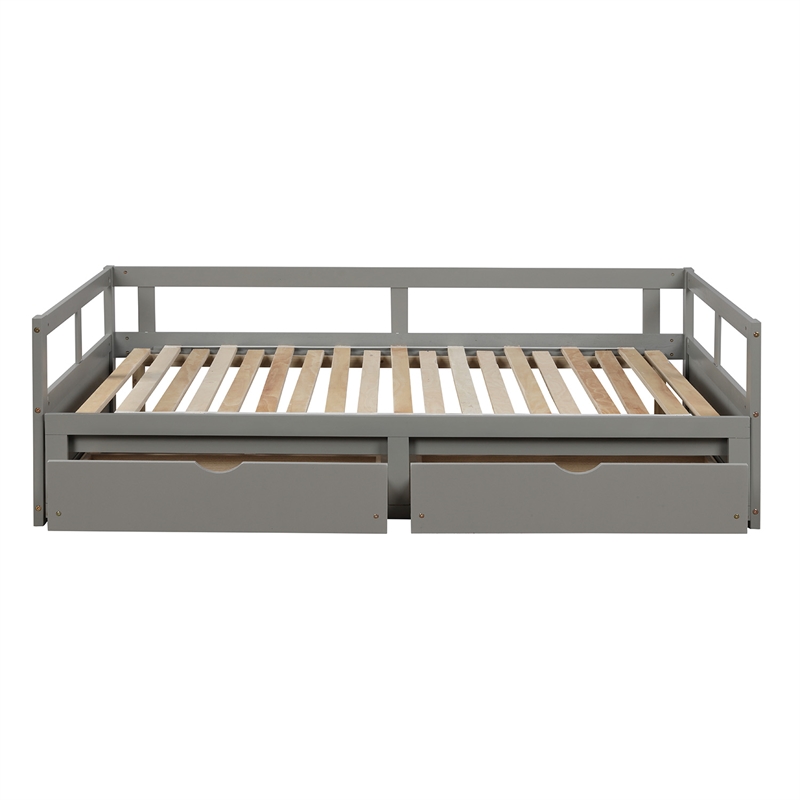 CRO Decor Wooden Daybed with Trundle and 2 Storage Drawers Extendable (Gray)