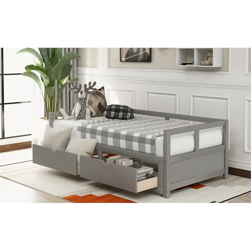 CRO Decor Wooden Daybed with Trundle and 2 Storage Drawers Extendable (Gray)