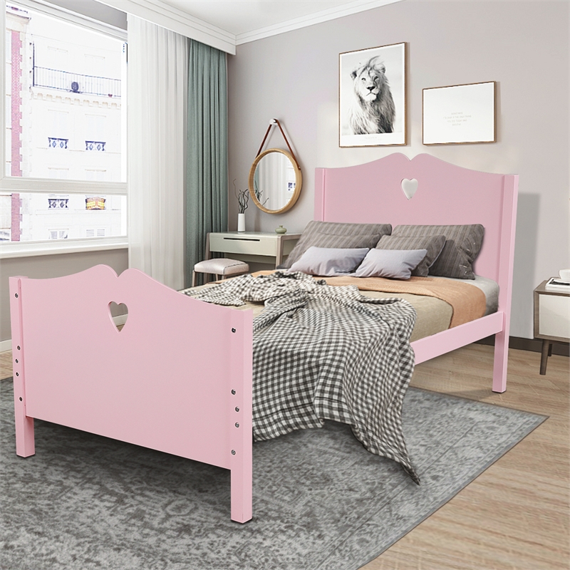 CRO Decor Twin Size Wood Platform Bed with Headboard Footboard  (Pink)