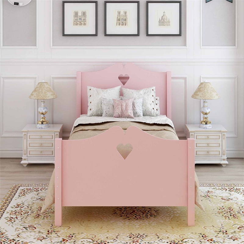 CRO Decor Twin Size Wood Platform Bed with Headboard Footboard  (Pink)