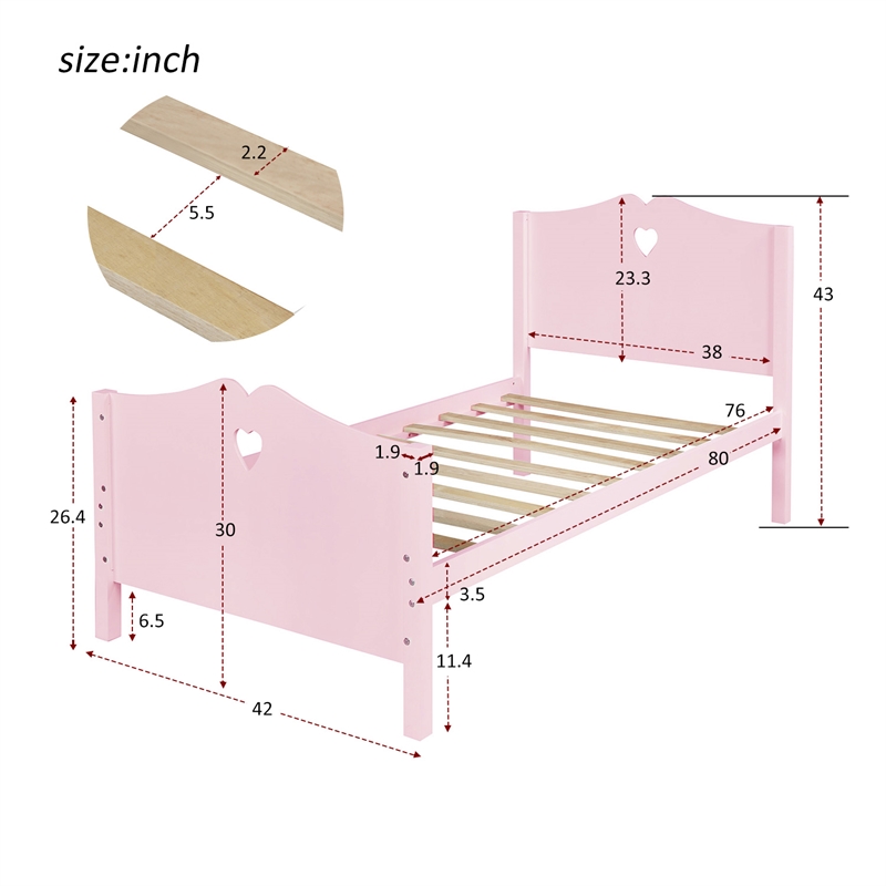 CRO Decor Twin Size Wood Platform Bed with Headboard Footboard  (Pink)