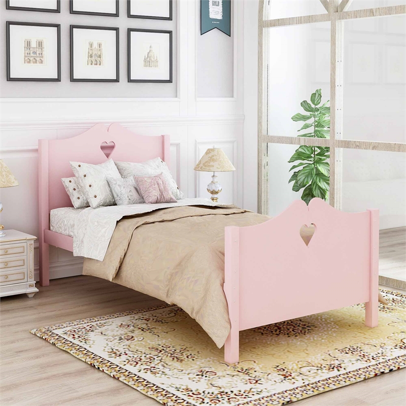 CRO Decor Twin Size Wood Platform Bed with Headboard Footboard  (Pink)