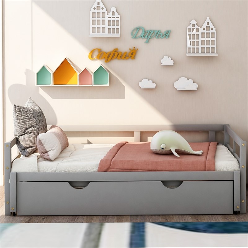 CRO Decor Extending Daybed with Trundle Wooden Daybed with Trundle (Gray)
