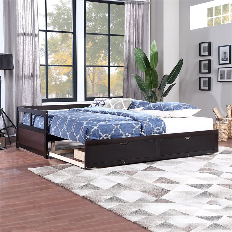 CRO Decor Wooden Daybed with Trundle and 2 Storage Drawers Extendable (Espresso)