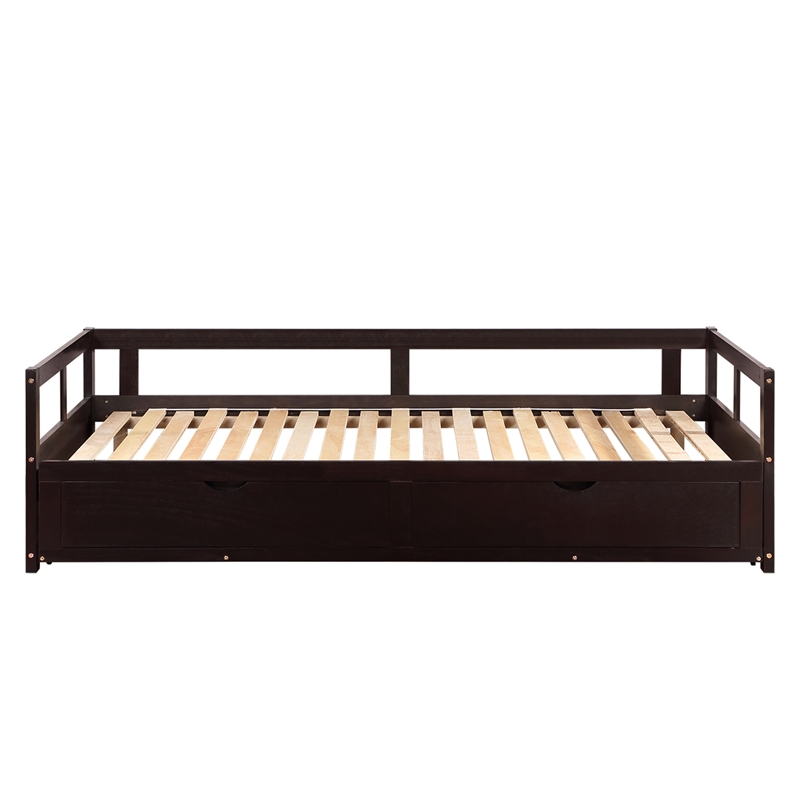 CRO Decor Wooden Daybed with Trundle and 2 Storage Drawers Extendable (Espresso)