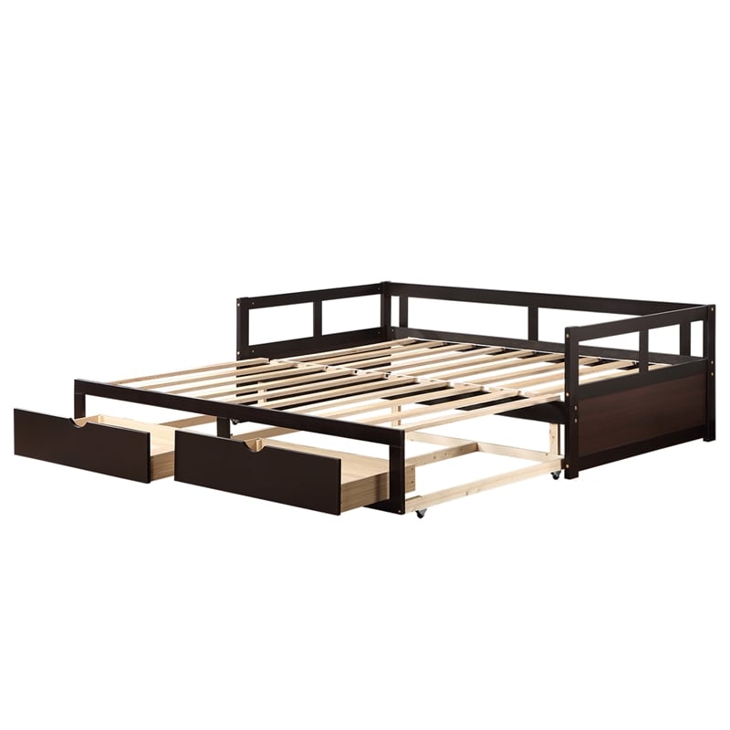 CRO Decor Wooden Daybed with Trundle and 2 Storage Drawers Extendable (Espresso)