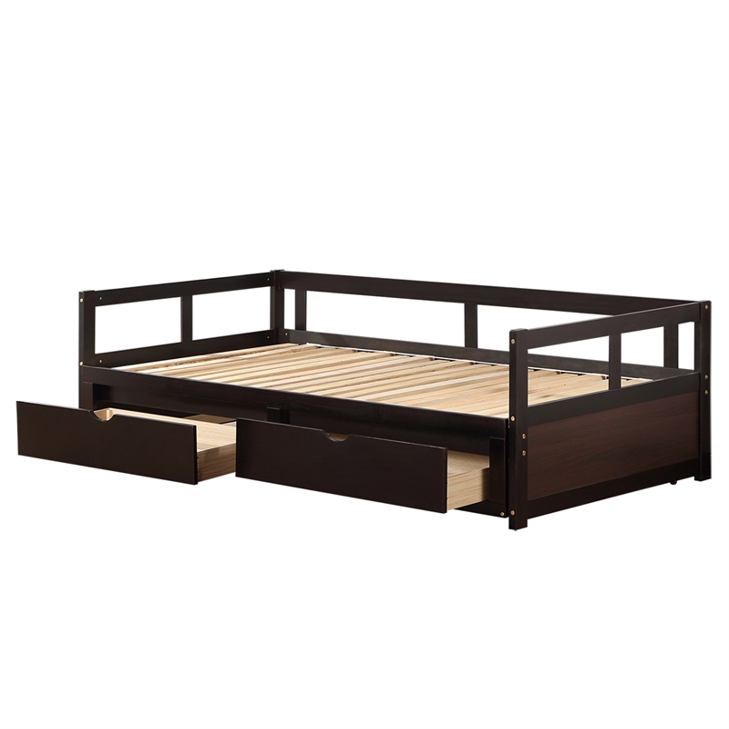 CRO Decor Wooden Daybed with Trundle and 2 Storage Drawers Extendable (Espresso)