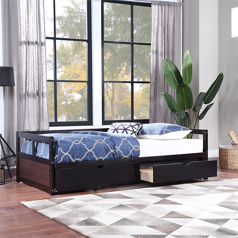 CRO Decor Wooden Daybed with Trundle and 2 Storage Drawers Extendable (Espresso)