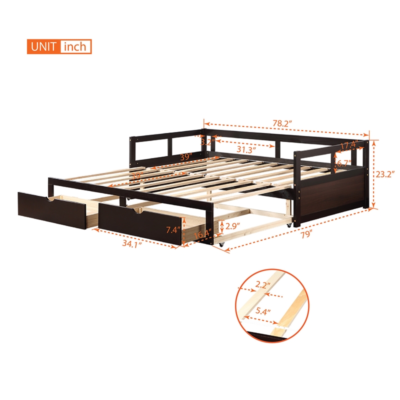 CRO Decor Wooden Daybed with Trundle and 2 Storage Drawers Extendable (Espresso)