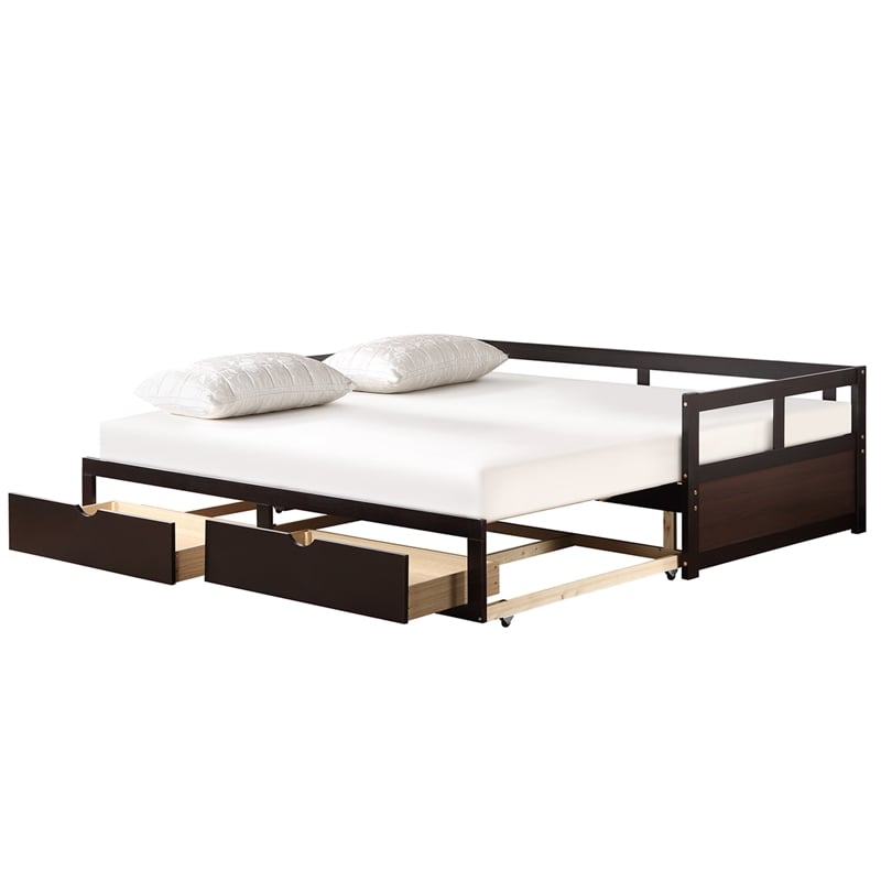CRO Decor Wooden Daybed with Trundle and 2 Storage Drawers Extendable (Espresso)