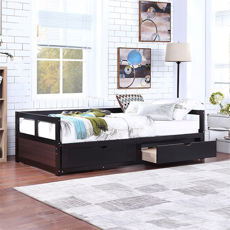 CRO Decor Wooden Daybed with Trundle and 2 Storage Drawers Extendable (Espresso)