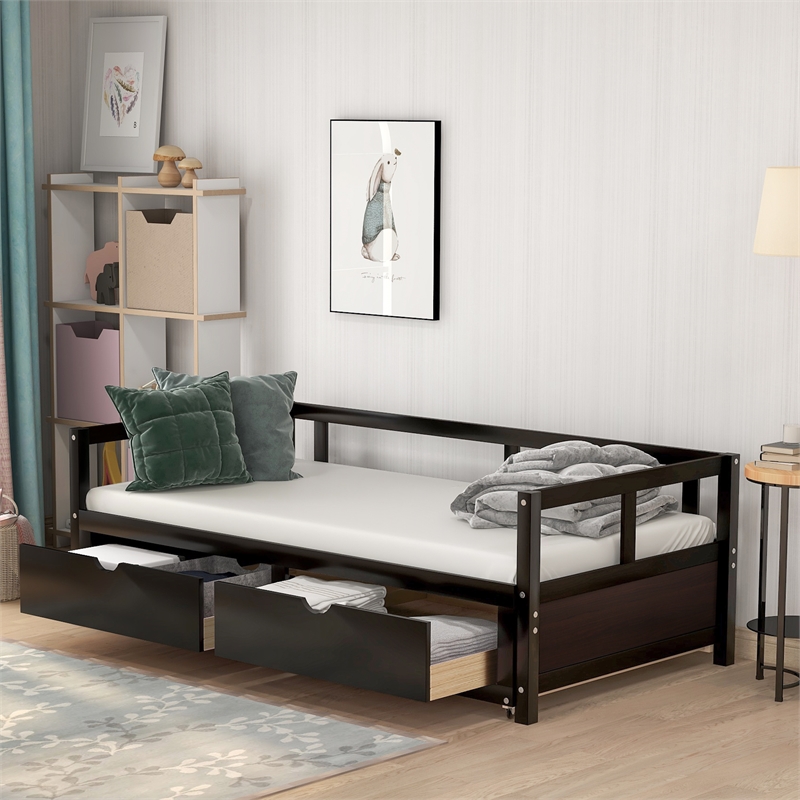 CRO Decor Wooden Daybed with Trundle and 2 Storage Drawers Extendable (Espresso)