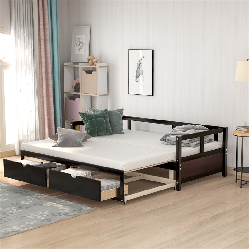 CRO Decor Wooden Daybed with Trundle and 2 Storage Drawers Extendable (Espresso)