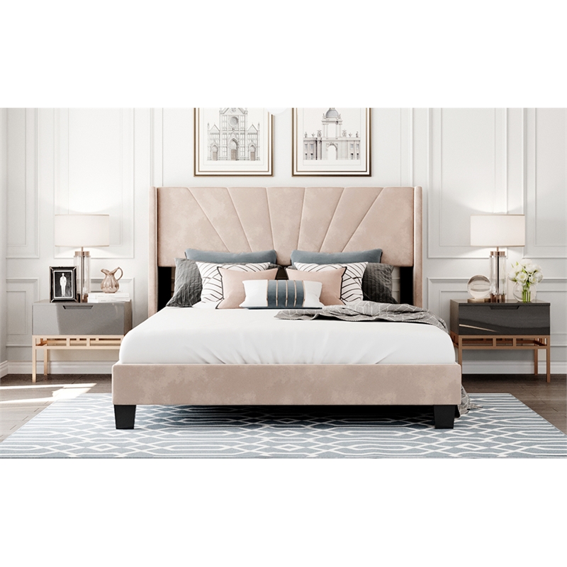 CRO Decor Queen Size Velvet Upholstered Platform Bed Box Spring Needed - Beige