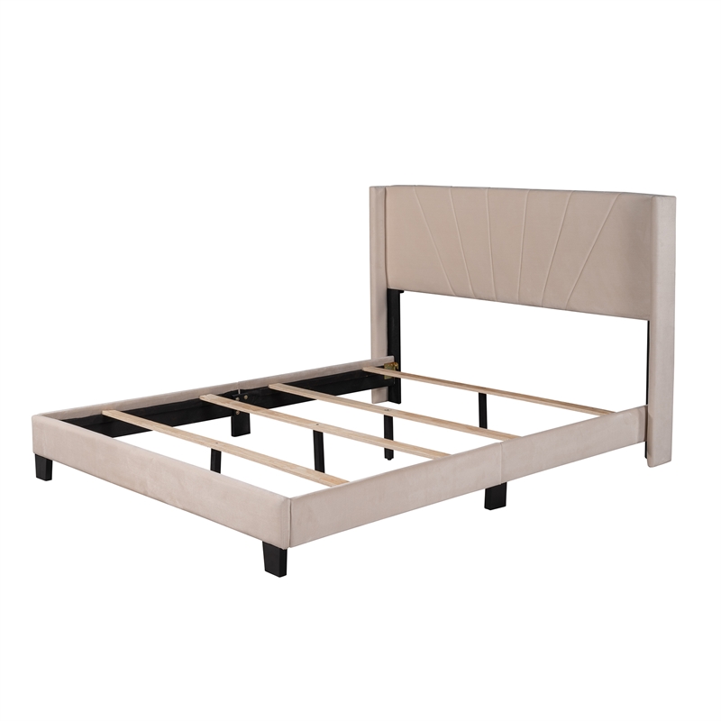 CRO Decor Queen Size Velvet Upholstered Platform Bed Box Spring Needed - Beige