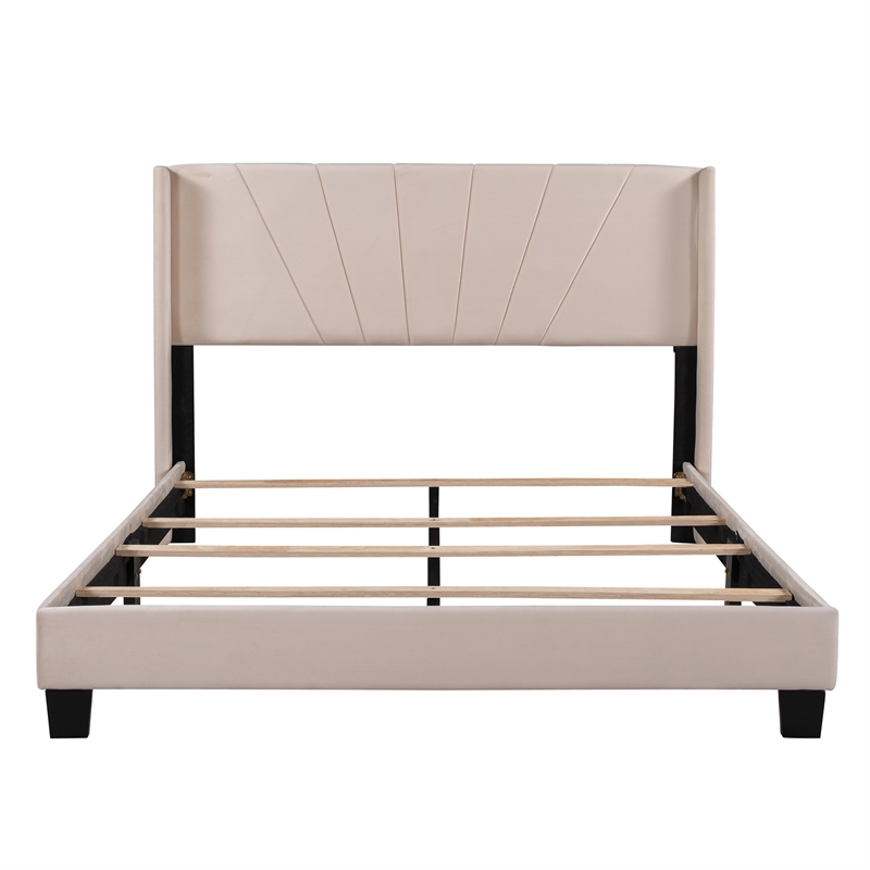 CRO Decor Queen Size Velvet Upholstered Platform Bed Box Spring Needed - Beige