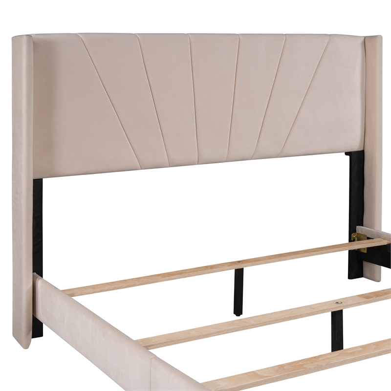 CRO Decor Queen Size Velvet Upholstered Platform Bed Box Spring Needed - Beige