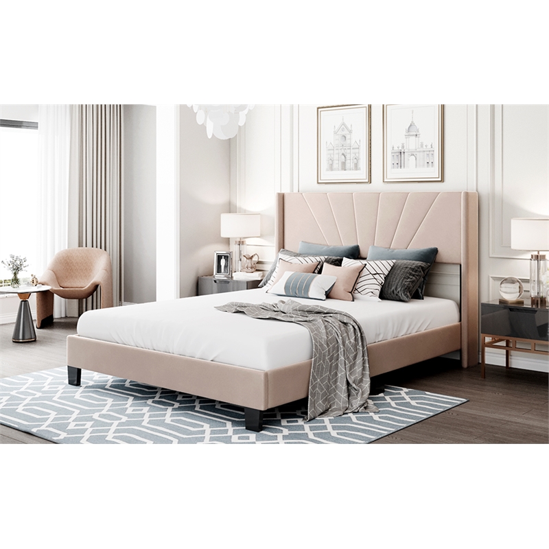CRO Decor Queen Size Velvet Upholstered Platform Bed Box Spring Needed - Beige