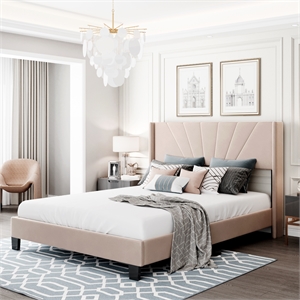 cro decor queen size velvet upholstered platform bed box spring needed - beige
