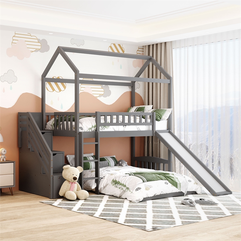 CRO Decor Twin Over Twin Bunk Bed with Two Drawers and Slide (White)