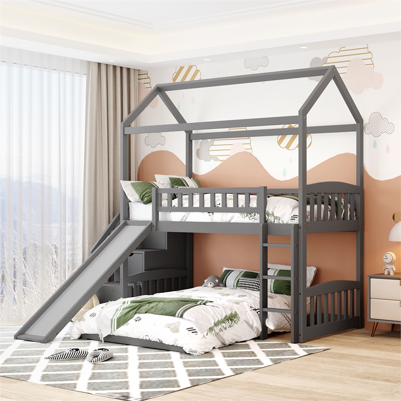 CRO Decor Twin Over Twin Bunk Bed with Two Drawers and Slide (White)