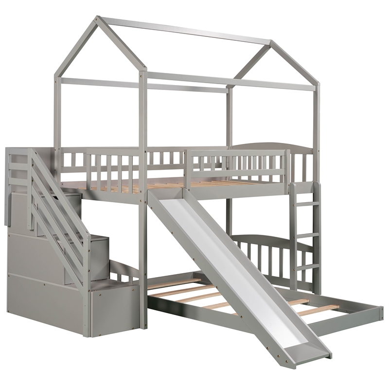 CRO Decor Twin Over Twin Bunk Bed with Two Drawers and Slide (White)
