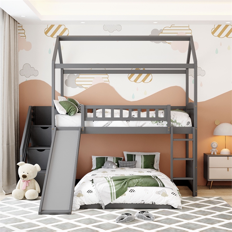 CRO Decor Twin Over Twin Bunk Bed with Two Drawers and Slide (White)