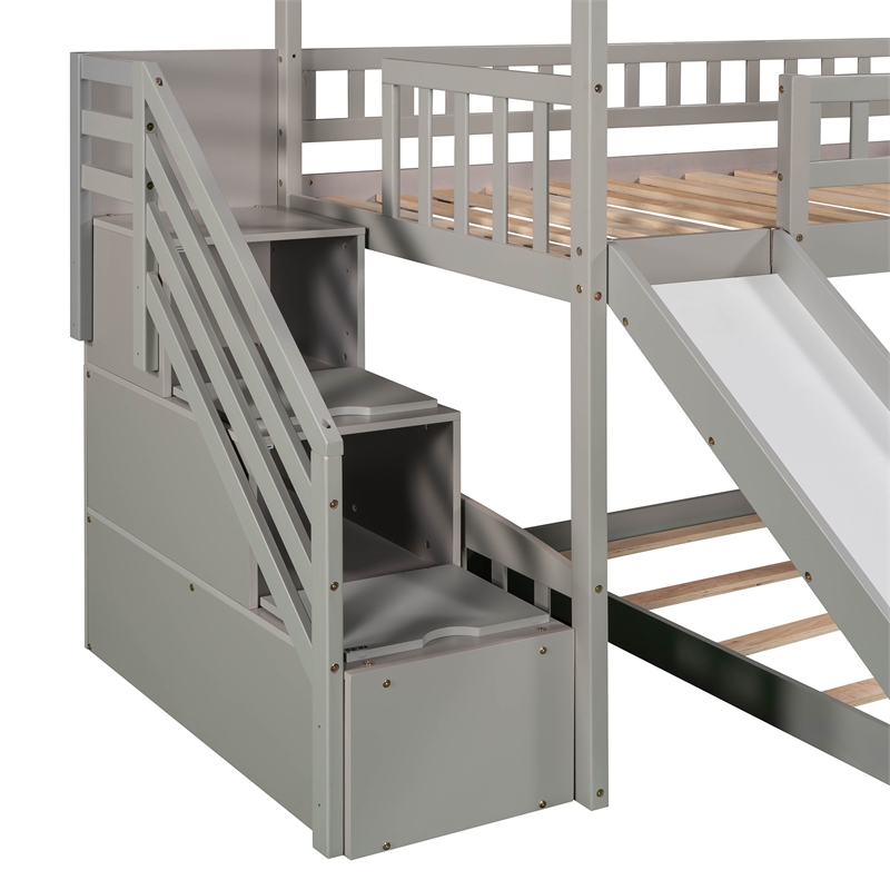 CRO Decor Twin Over Twin Bunk Bed with Two Drawers and Slide (White)