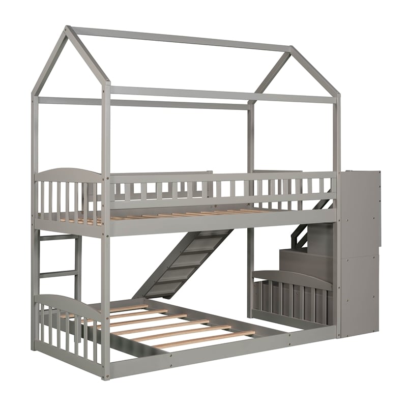 CRO Decor Twin Over Twin Bunk Bed with Two Drawers and Slide (White)