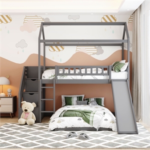 cro decor twin over twin bunk bed with two drawers and slide (white)