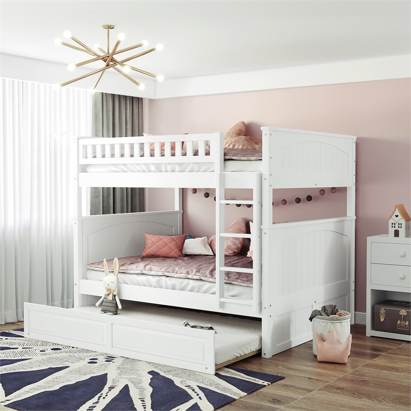 CRO Decor Full Over Full Bunk Bed with Twin Size Trundle Pine Wood (White)