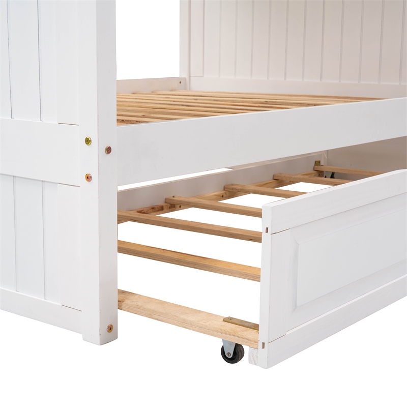 CRO Decor Full Over Full Bunk Bed with Twin Size Trundle Pine Wood (White)