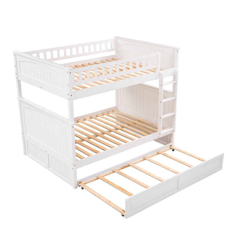 CRO Decor Full Over Full Bunk Bed with Twin Size Trundle Pine Wood (White)
