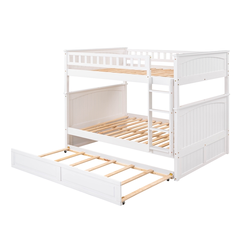CRO Decor Full Over Full Bunk Bed with Twin Size Trundle Pine Wood (White)