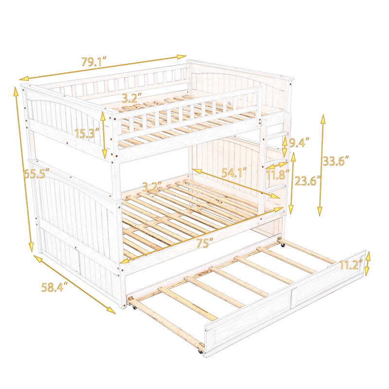 CRO Decor Full Over Full Bunk Bed with Twin Size Trundle Pine Wood (White)