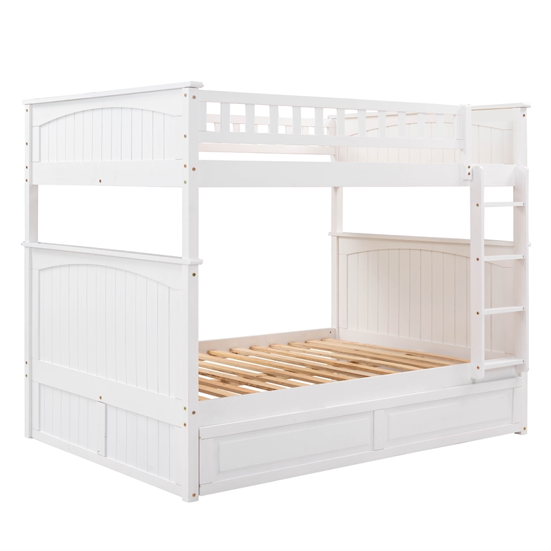 CRO Decor Full Over Full Bunk Bed with Twin Size Trundle Pine Wood (White)
