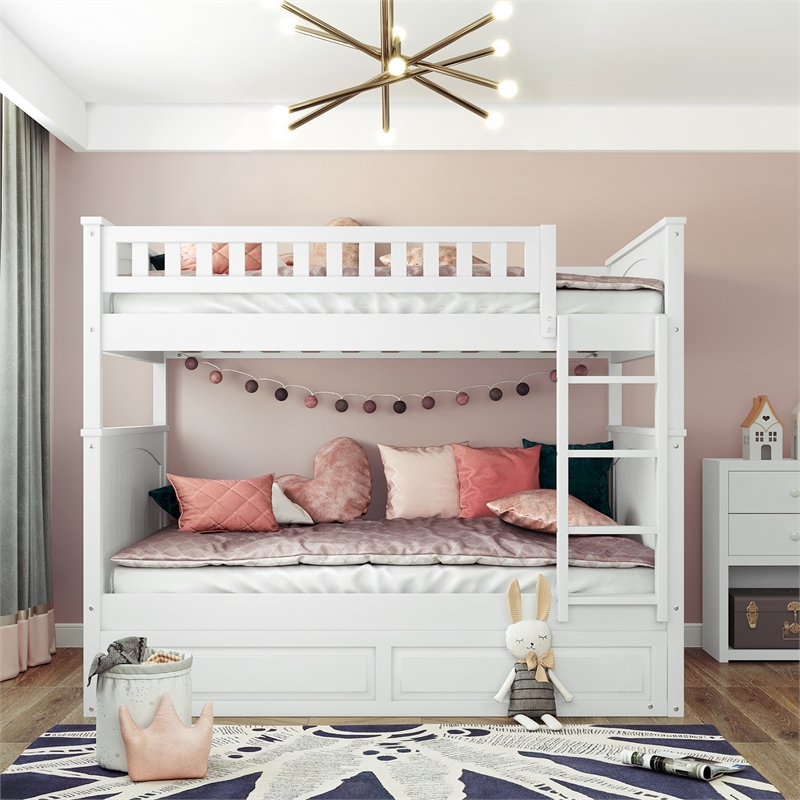 CRO Decor Full Over Full Bunk Bed with Twin Size Trundle Pine Wood (White)
