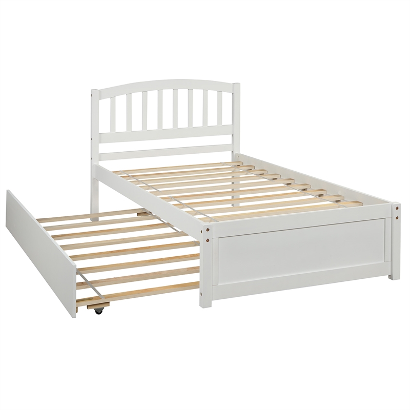 CRO Decor Twin size Platform Bed Wood Bed Frame with Trundle (White)