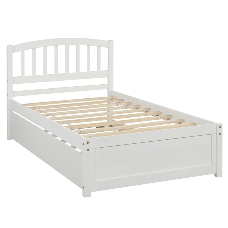 CRO Decor Twin size Platform Bed Wood Bed Frame with Trundle (White)
