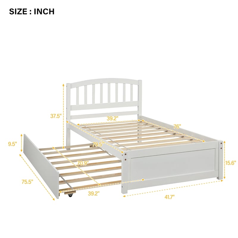 CRO Decor Twin size Platform Bed Wood Bed Frame with Trundle (White)
