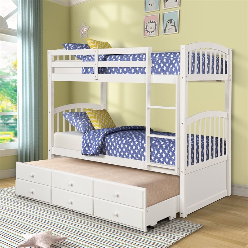 CRO Decor Twin Bunk Bed with Ladder Twin Trundle Bed with 3 Drawers (White)