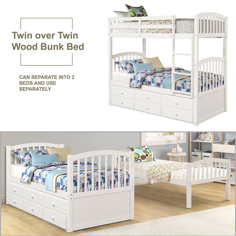 CRO Decor Twin Bunk Bed with Ladder Twin Trundle Bed with 3 Drawers (White)