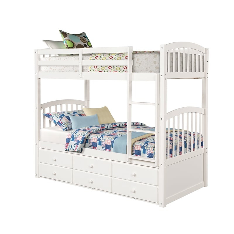 CRO Decor Twin Bunk Bed with Ladder Twin Trundle Bed with 3 Drawers (White)