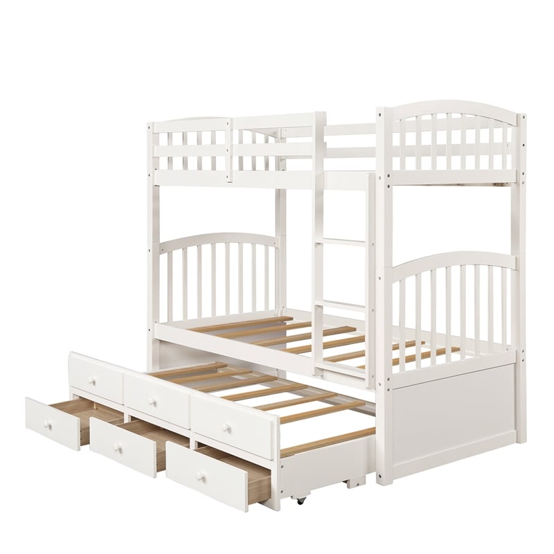 CRO Decor Twin Bunk Bed with Ladder Twin Trundle Bed with 3 Drawers (White)