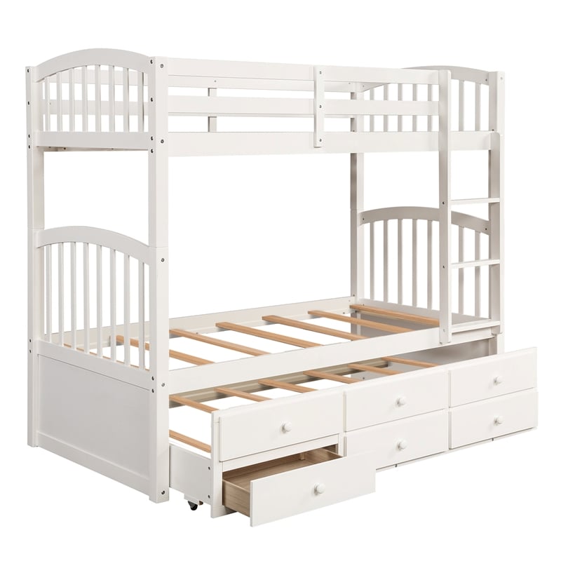 CRO Decor Twin Bunk Bed with Ladder Twin Trundle Bed with 3 Drawers (White)