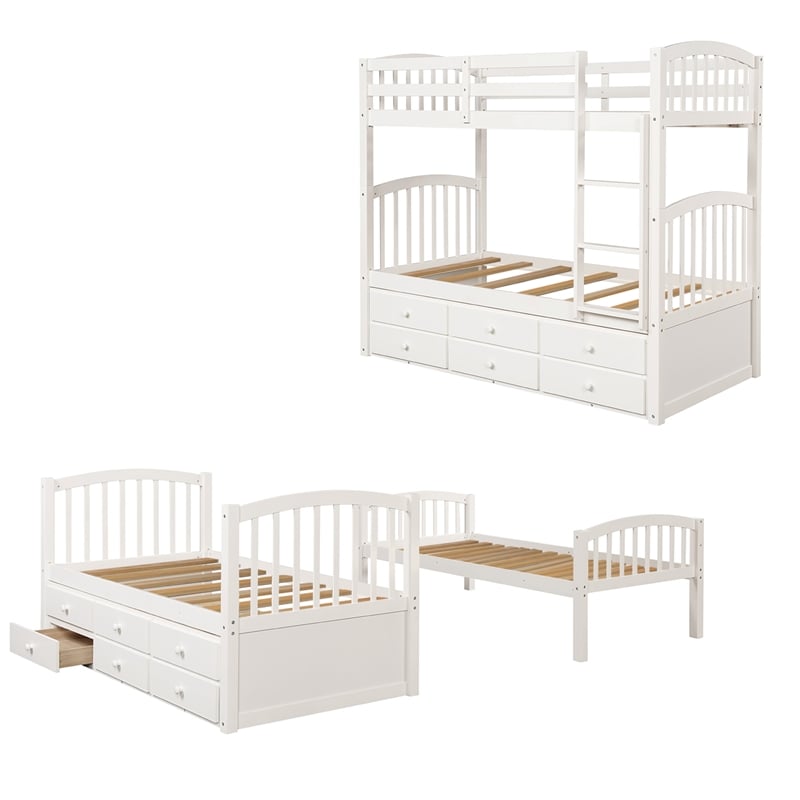 CRO Decor Twin Bunk Bed with Ladder Twin Trundle Bed with 3 Drawers (White)