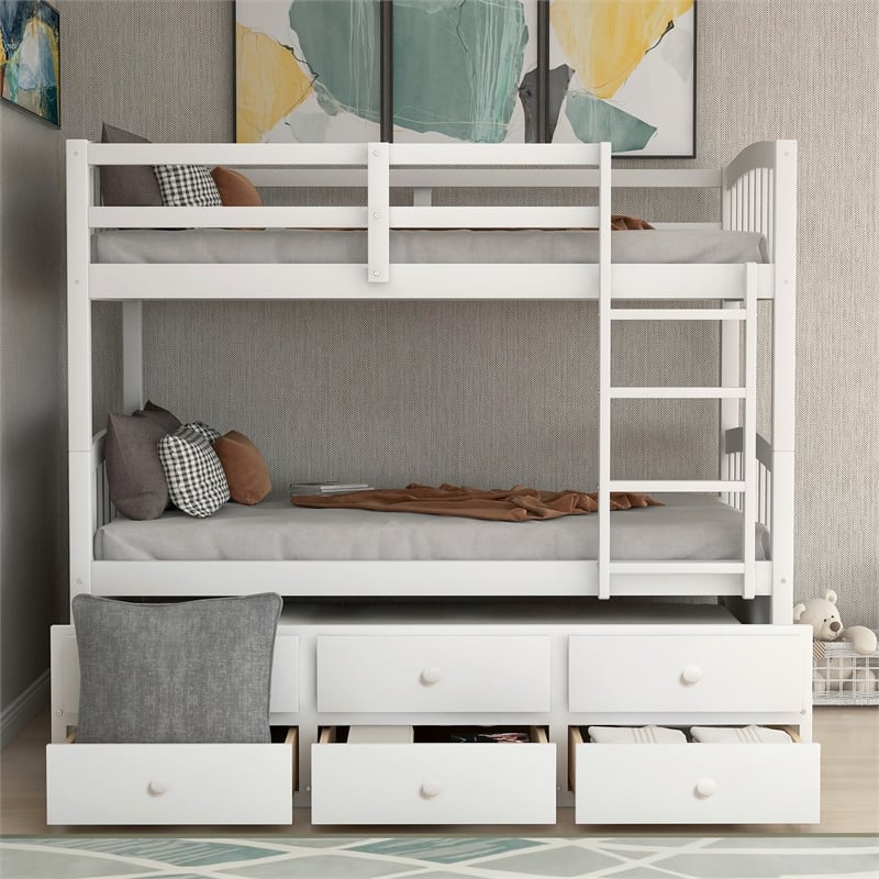 CRO Decor Twin Bunk Bed with Ladder Twin Trundle Bed with 3 Drawers (White)