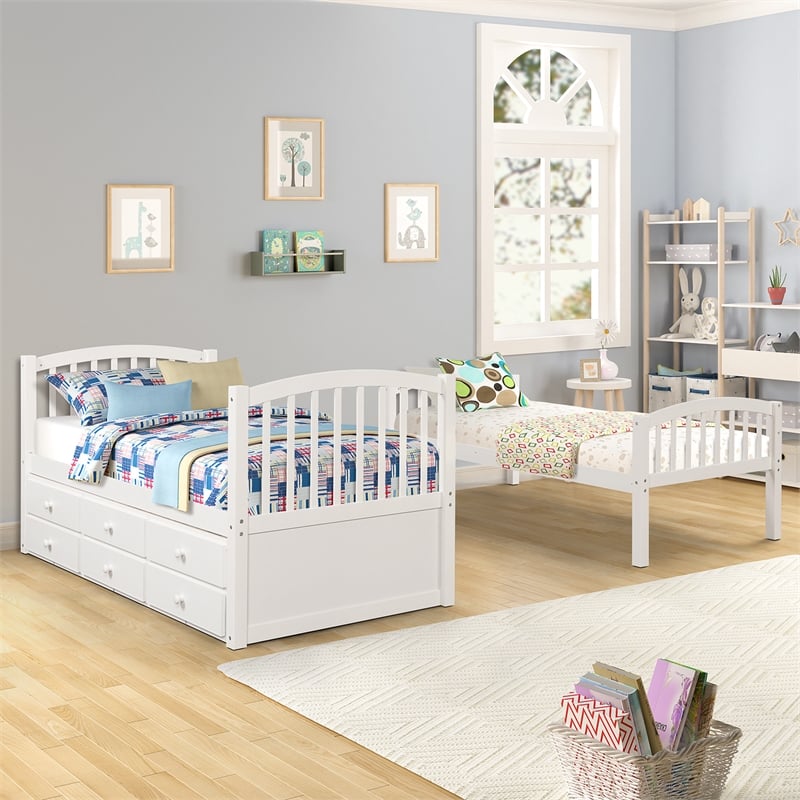 CRO Decor Twin Bunk Bed with Ladder Twin Trundle Bed with 3 Drawers (White)