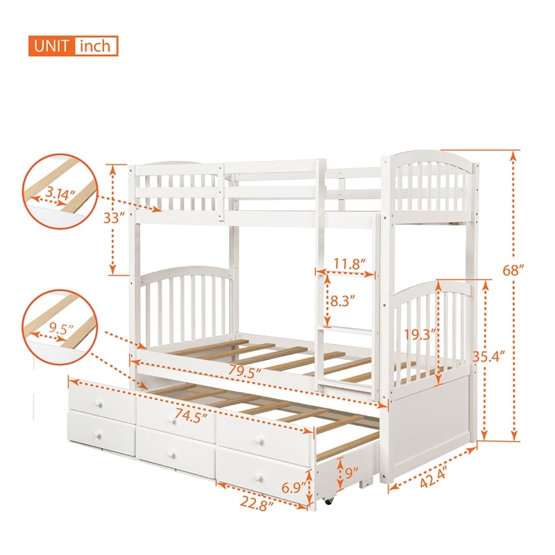 CRO Decor Twin Bunk Bed with Ladder Twin Trundle Bed with 3 Drawers (White)