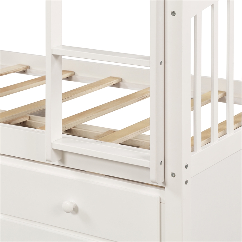 CRO Decor Twin Bunk Bed with Ladder Twin Trundle Bed with 3 Drawers (White)